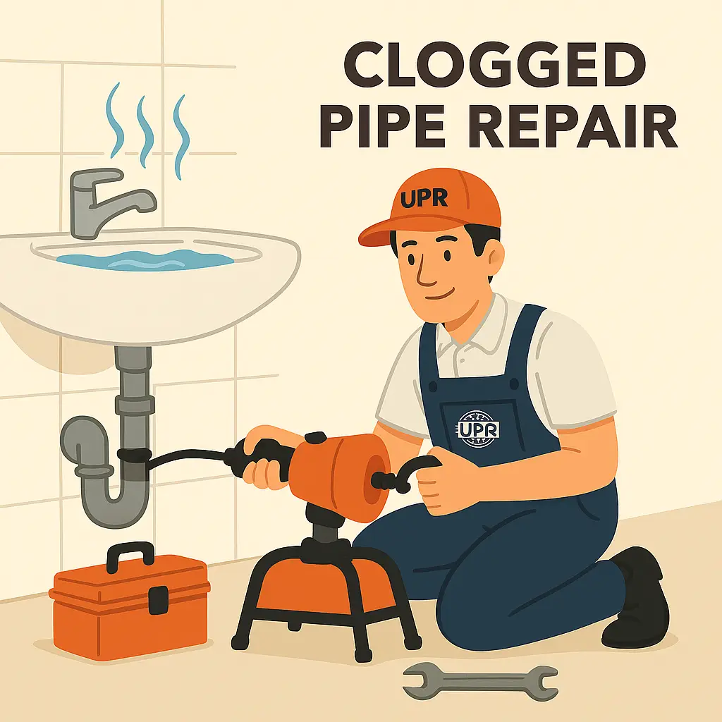Technician fixing clogged pipe