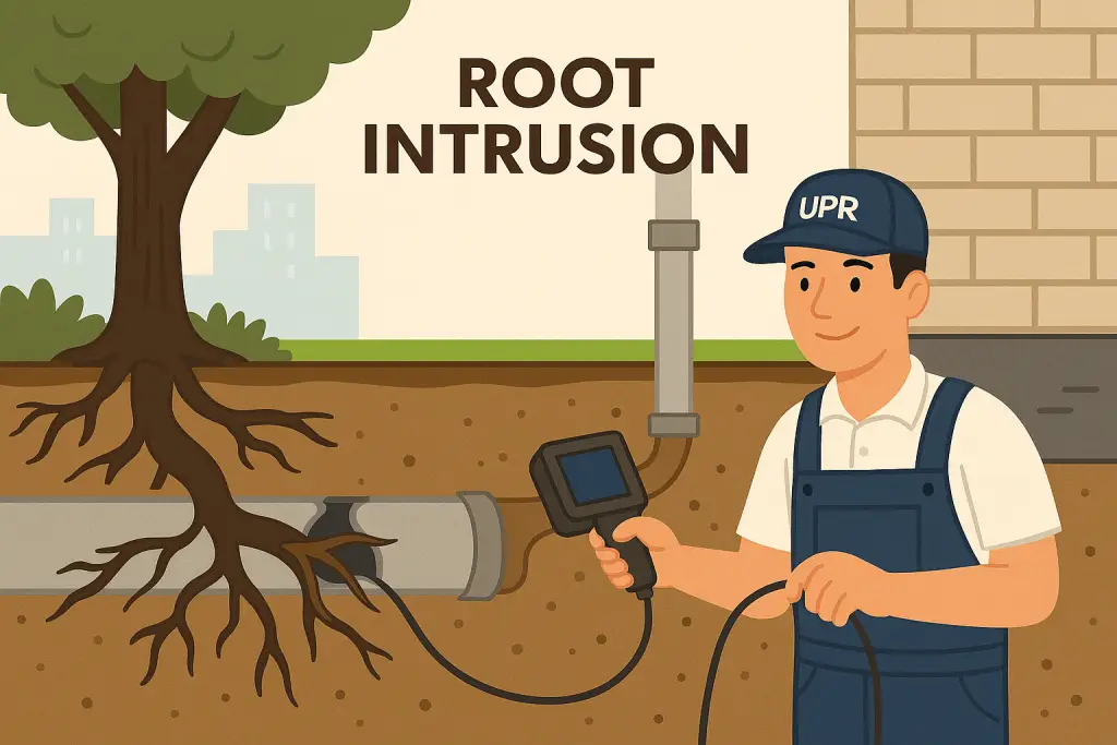 Technician inspecting plumbing root intrusion issue.