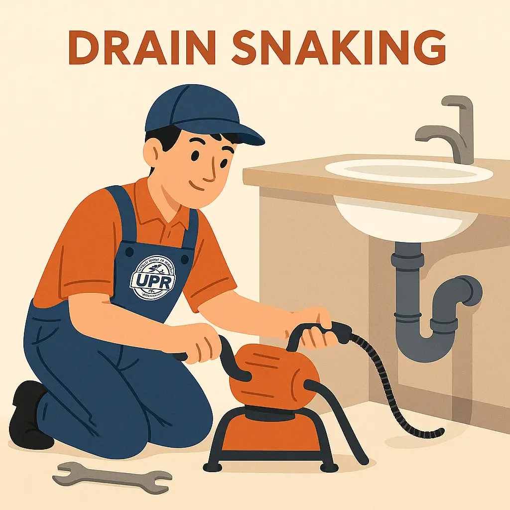 Plumber using drain snake on sink pipe.