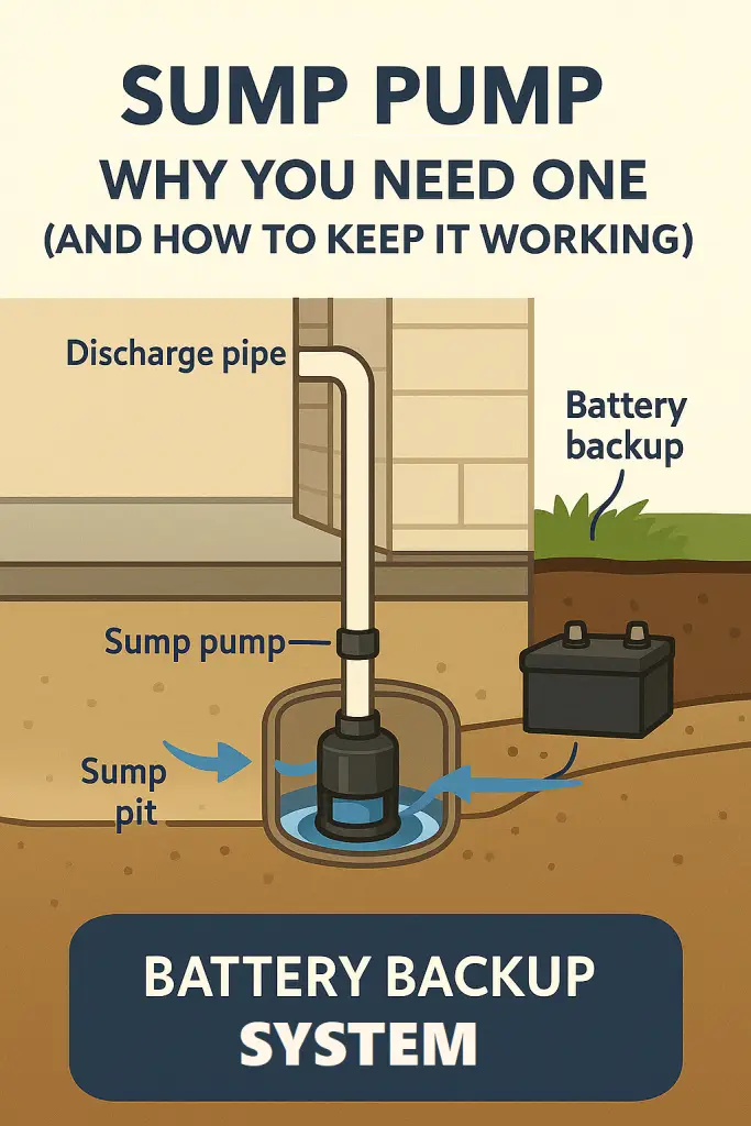 Illustration of sump pump with battery backup system.