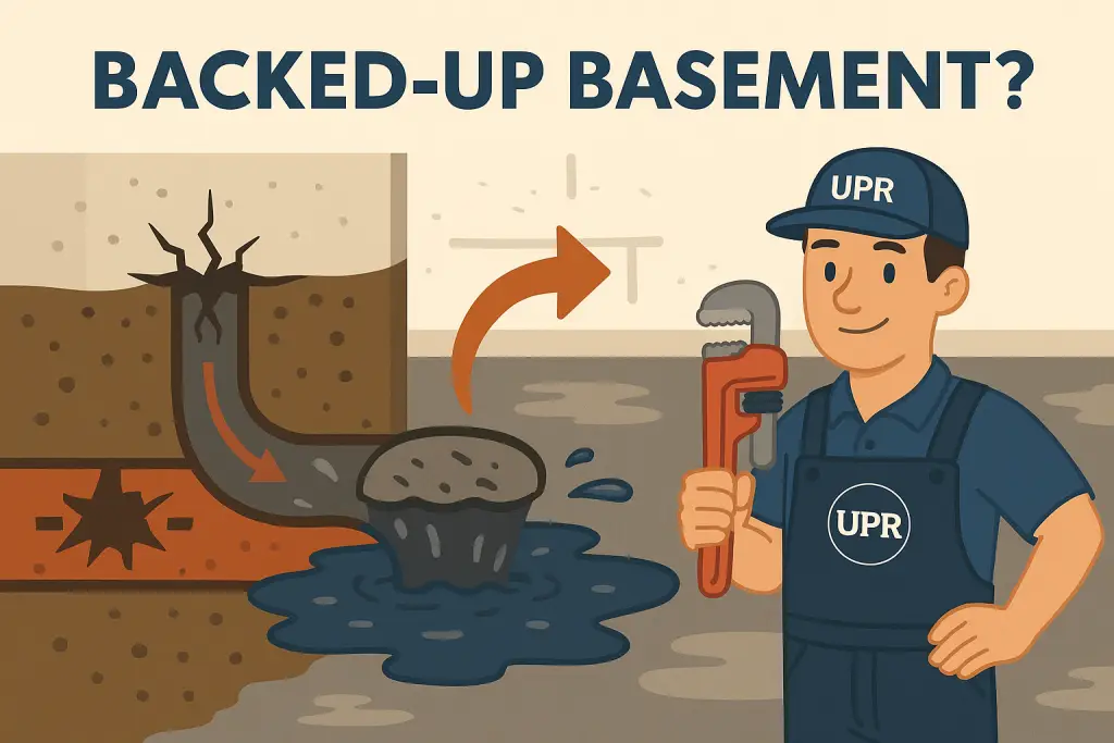 Plumber fixing basement plumbing overflow issue.