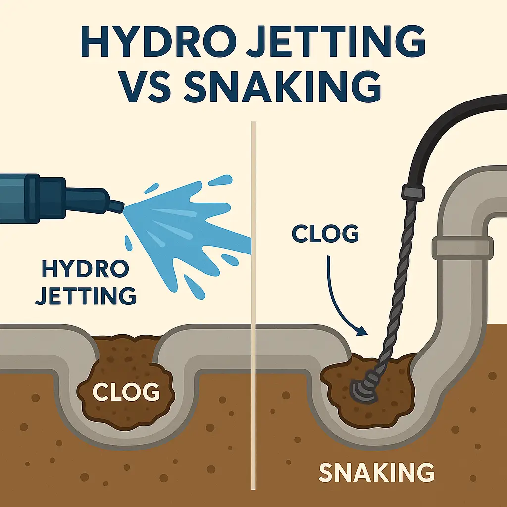 Comparison of hydro jetting and snaking for clogs.