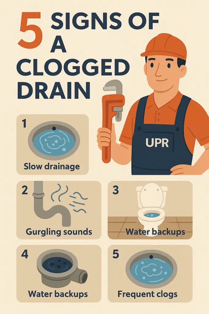 Five signs of a clogged drain infographic.