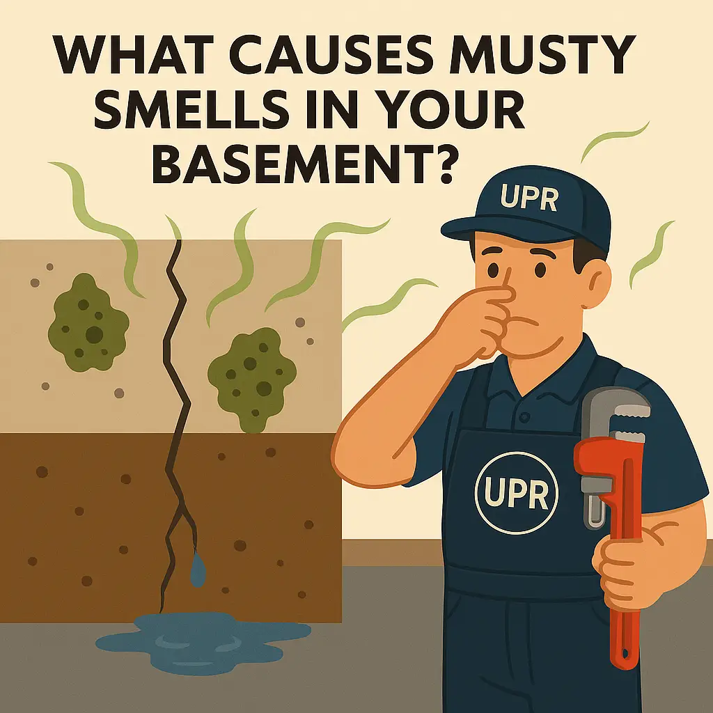 Plumber inspecting damp basement with musty smell.