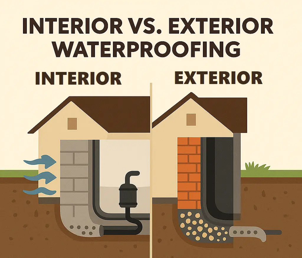 Diagram comparing interior and exterior waterproofing methods.