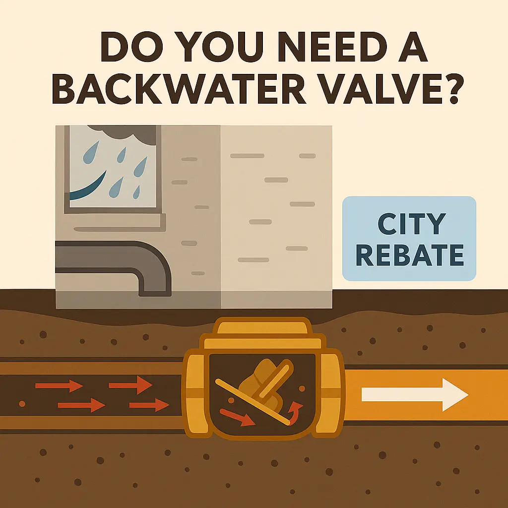 Backwater valve installation with city rebate offer.