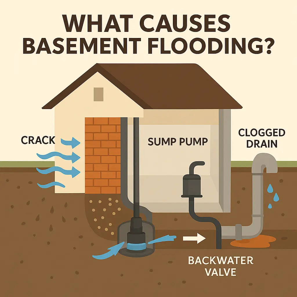 Factors causing basement flooding: cracks, sump pump, drainage.