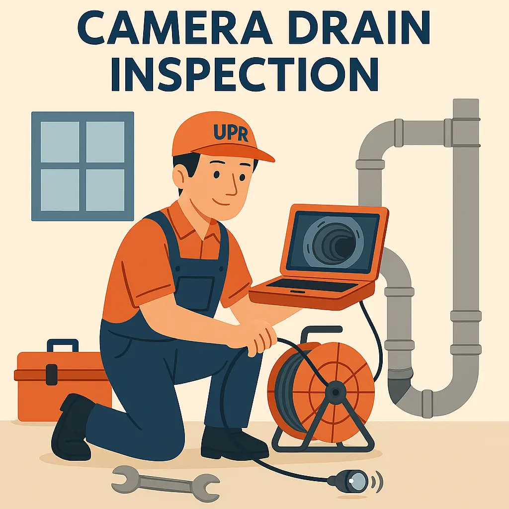 Technician performing camera drain inspection with laptop.