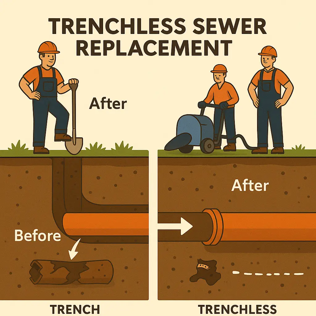 Trenchless sewer repair comparison illustration.