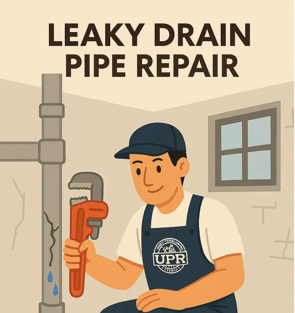 Cartoon plumber fixing a leaky pipe with wrench.