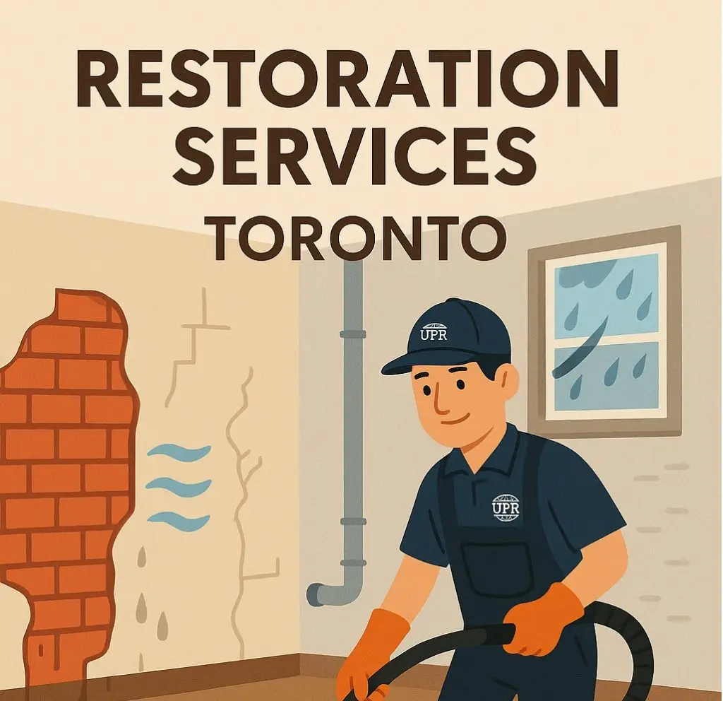 Toronto restoration services illustration with worker and tools.
