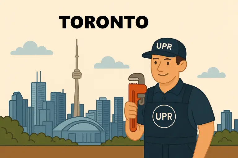 Plumber holding wrench in Toronto skyline.
