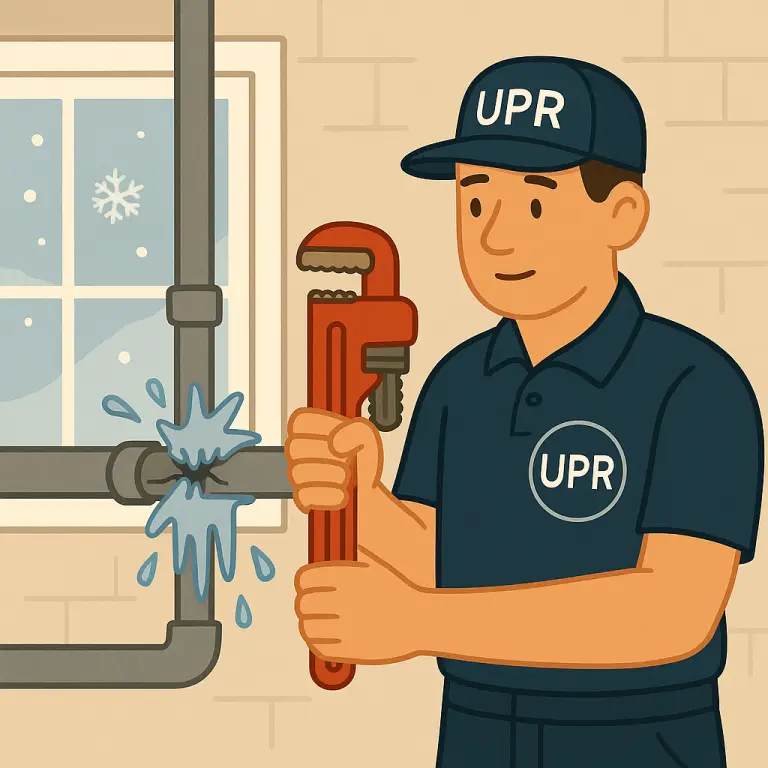 Plumber fixing winter pipe leak with wrench.