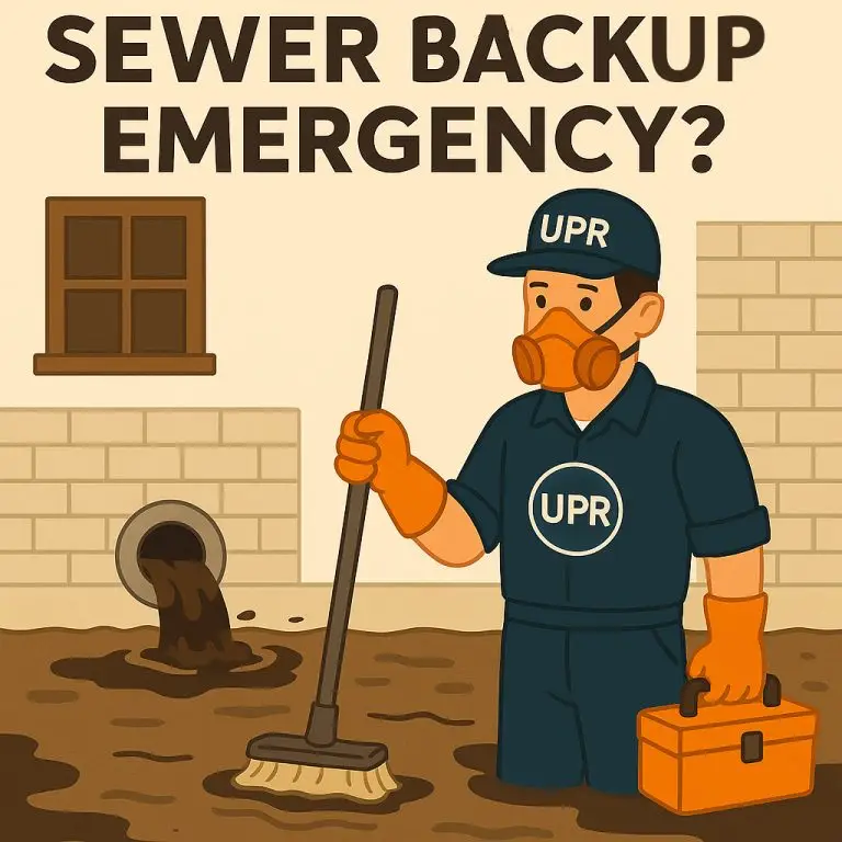 Plumber addressing sewer backup emergency situation.