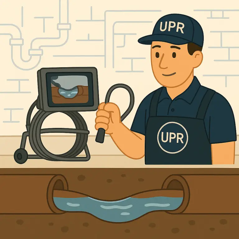 Plumber inspecting drains with camera equipment.
