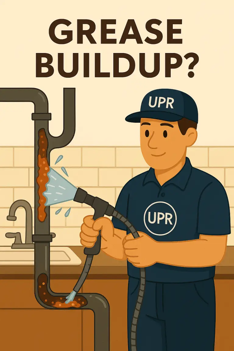 Plumber unclogging kitchen sink pipe with water hose.