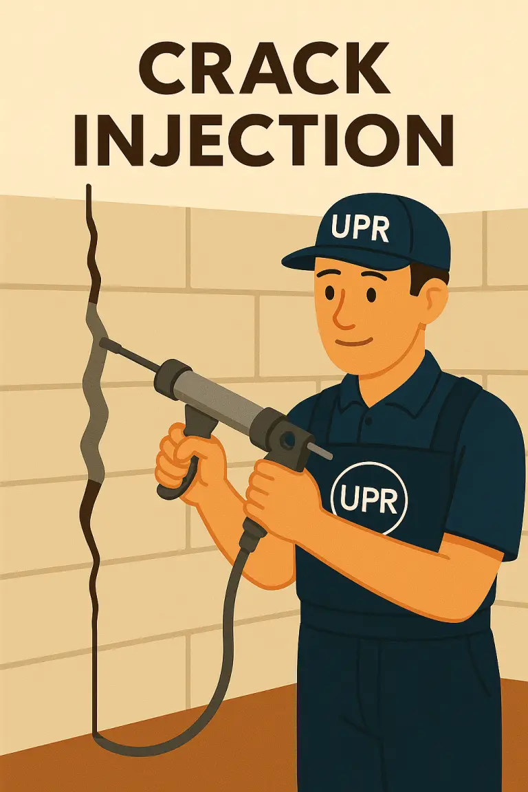 Person performing wall crack injection repair