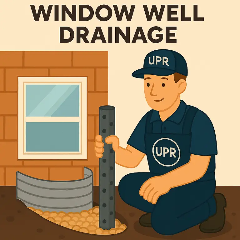 Technician installing window well drainage system.