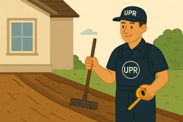 Gardener with rake and tape measure outside house.