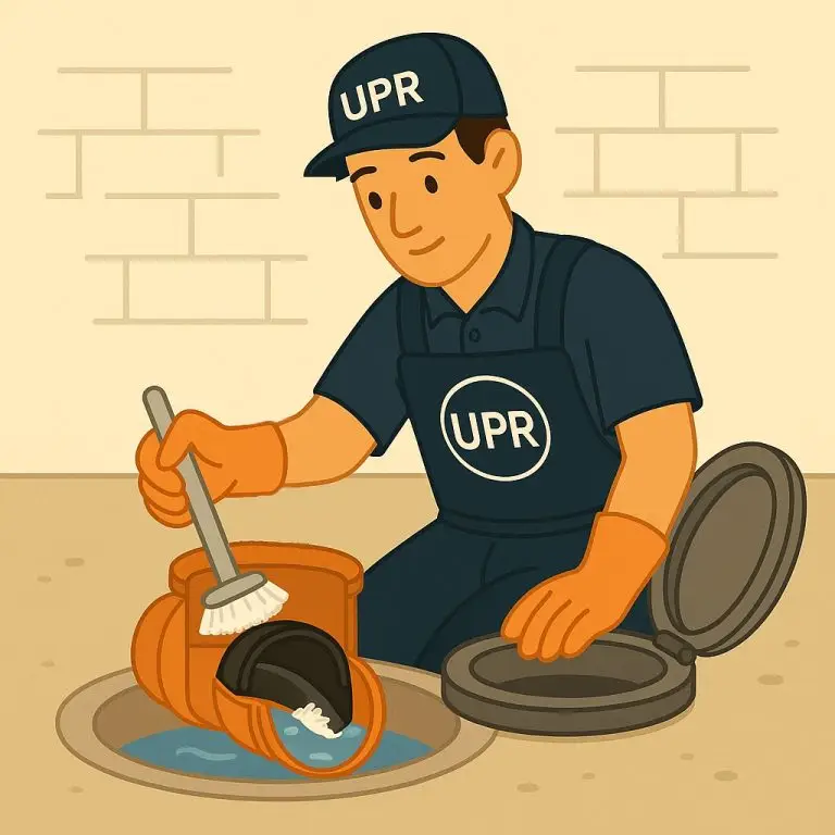 Worker cleaning pipes with brush and gloves.