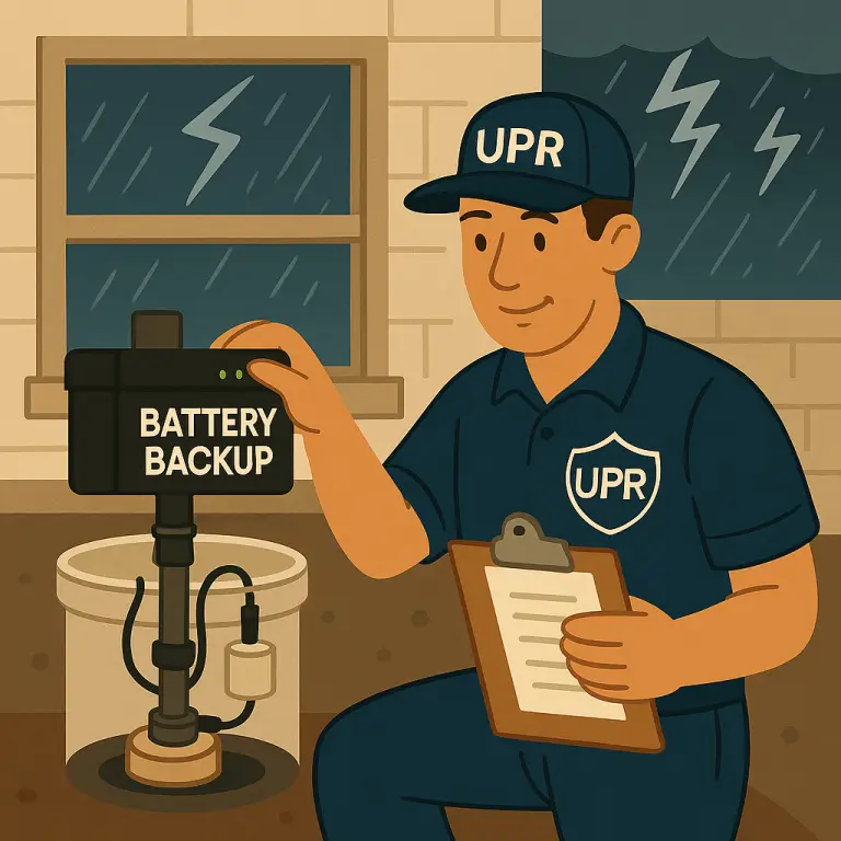 Technician checking battery backup during storm.