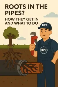 Tree roots invading pipes illustration with plumber.