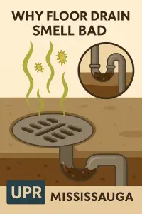 Illustration of bad-smelling floor drain with bacteria.