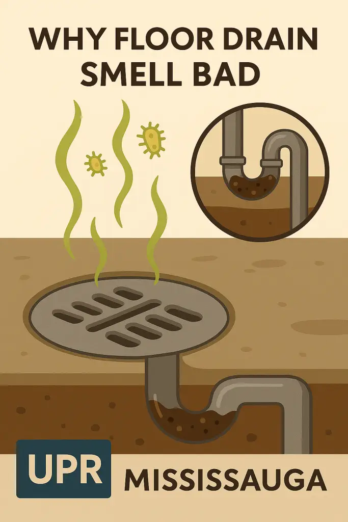 Illustration of bad-smelling floor drain with bacteria.
