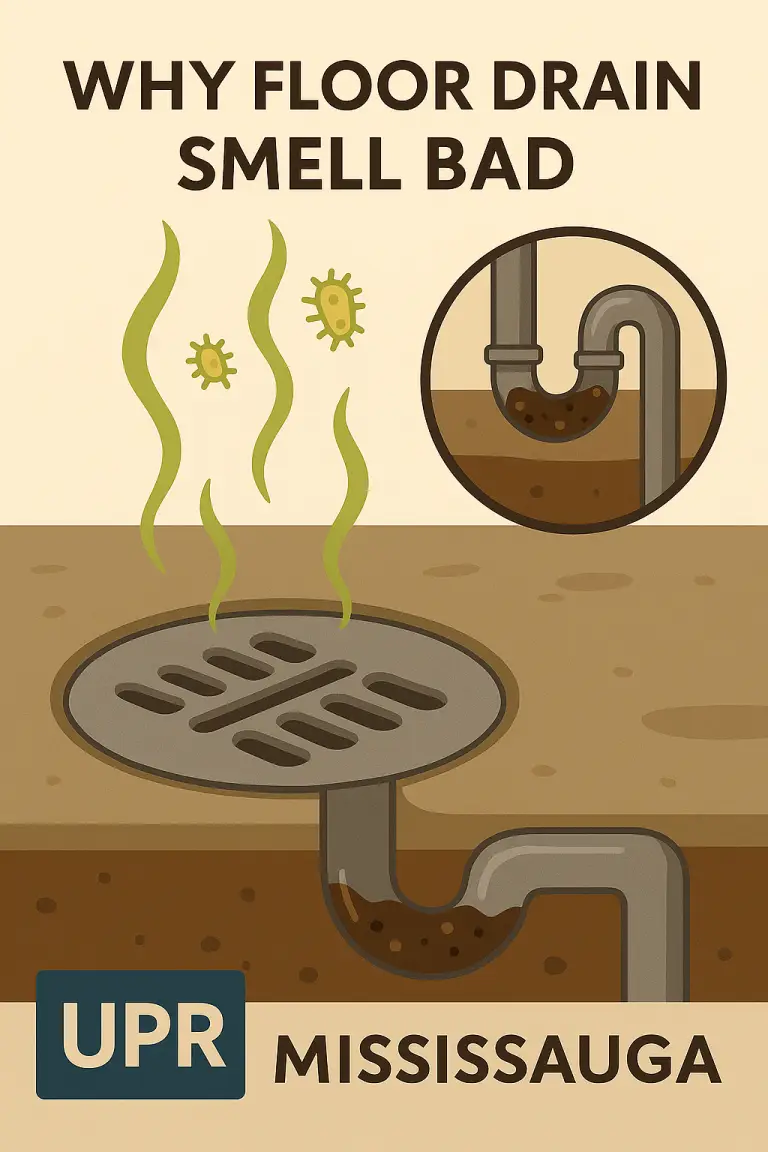 Illustration of bad-smelling floor drain with bacteria.