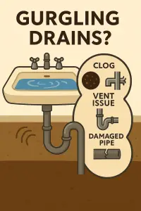 Plumbing issues: Clog, vent, pipe damage illustration.