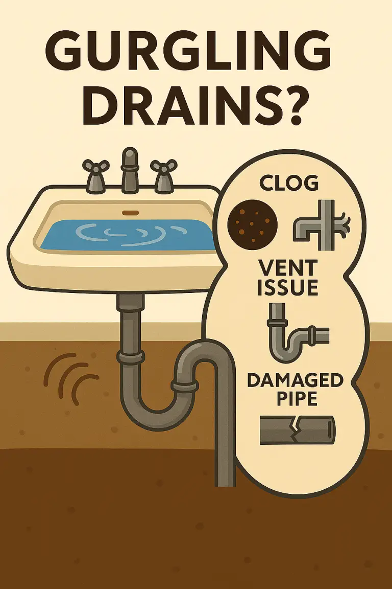 Plumbing issues: Clog, vent, pipe damage illustration.