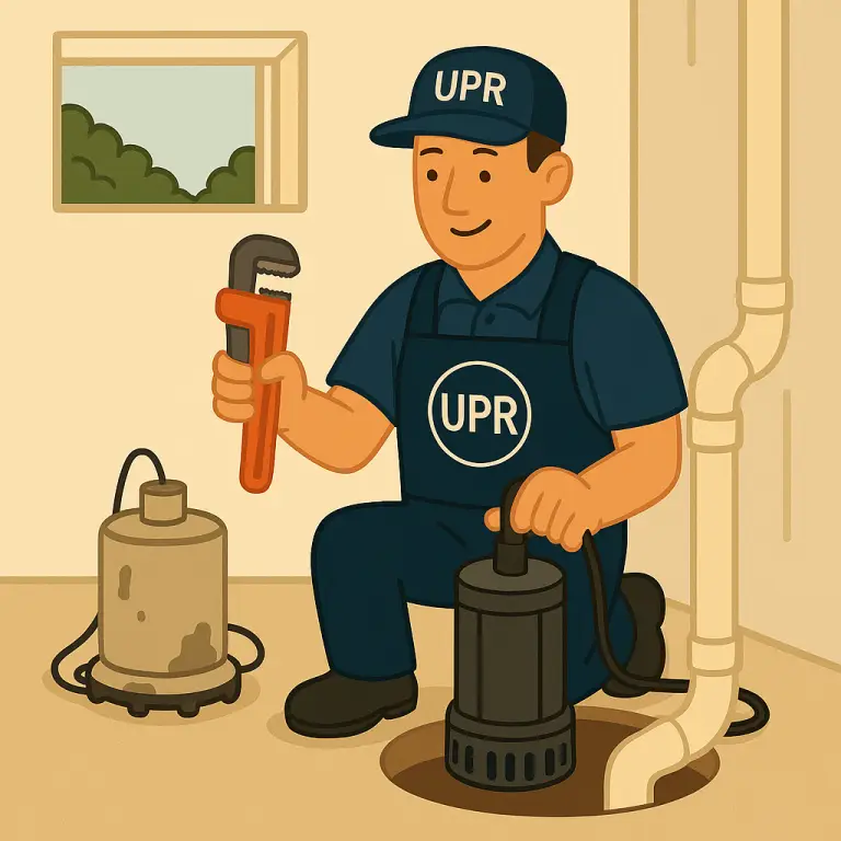Technician fixing basement sump pump with wrench.