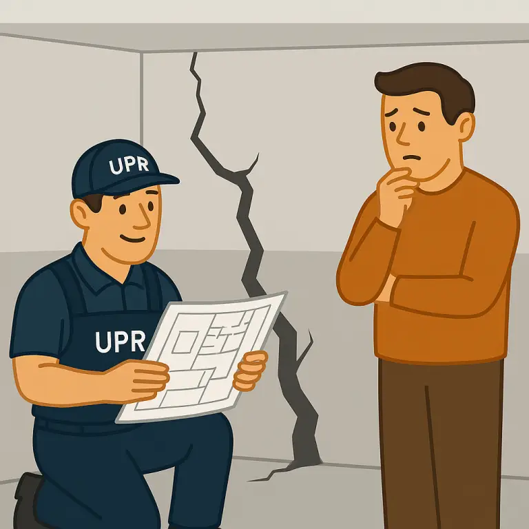 Inspector evaluates cracked wall with homeowner