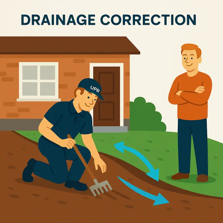 Worker correcting yard drainage with rake.