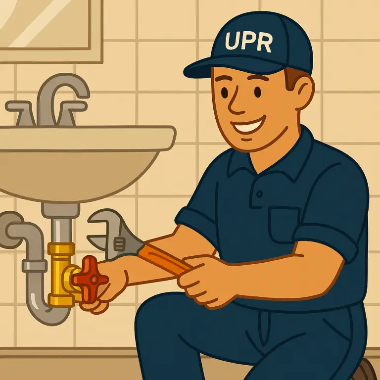 Plumber fixing sink with wrench, smiling.