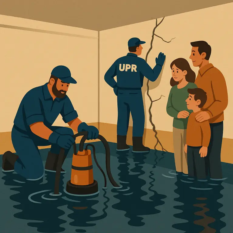 Technicians repairing flooded house with family present.