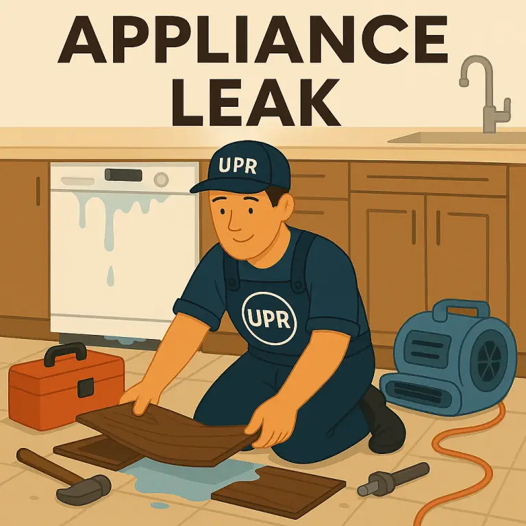 Technician fixing dishwasher leak in kitchen.