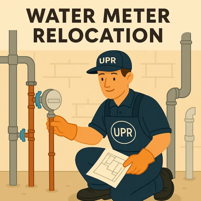 Technician relocating residential water meter pipes.