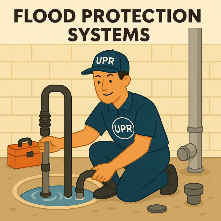 Technician installing flood protection system underground.