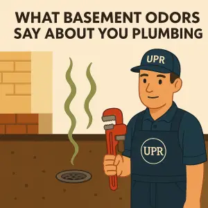 Plumber inspecting basement drain for odours.