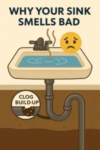 Diagram showing smelly sink due to clogged pipes.