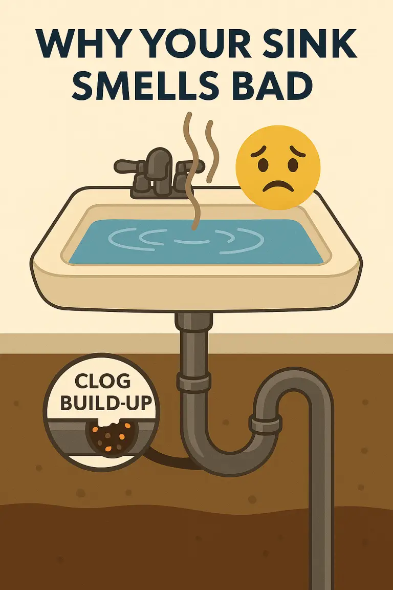 Diagram showing smelly sink due to clogged pipes.