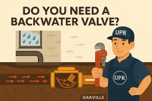 Illustration of plumber promoting backwater valve installation.