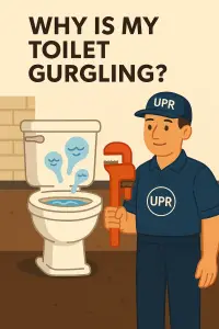 Plumber fixing gurgling toilet with a wrench.