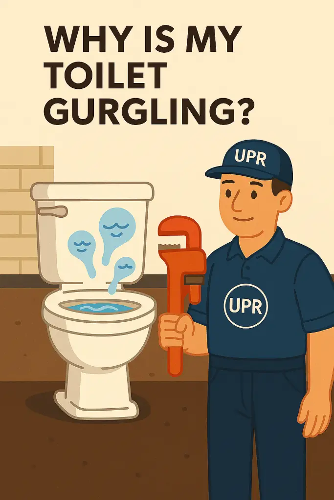 Plumber fixing gurgling toilet with a wrench.