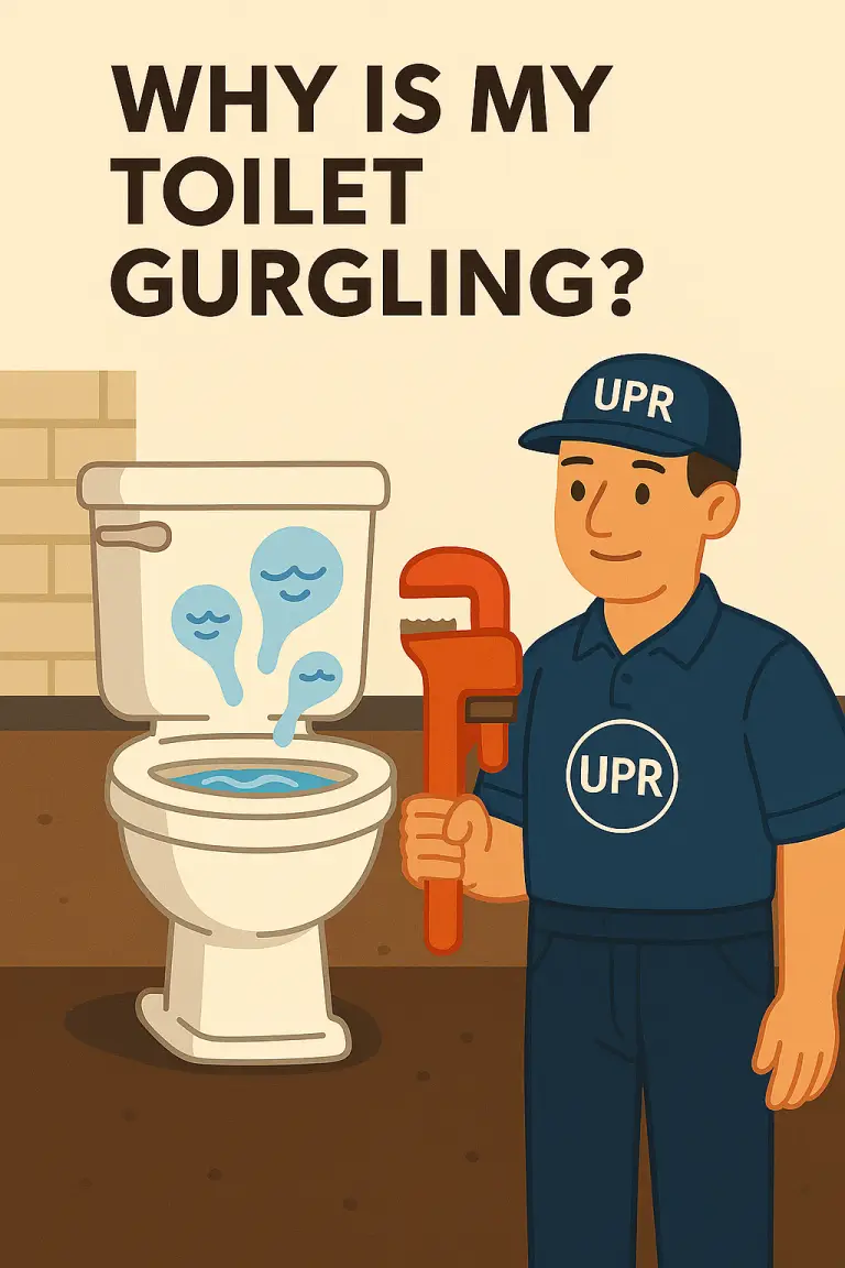 Plumber fixing gurgling toilet with a wrench.