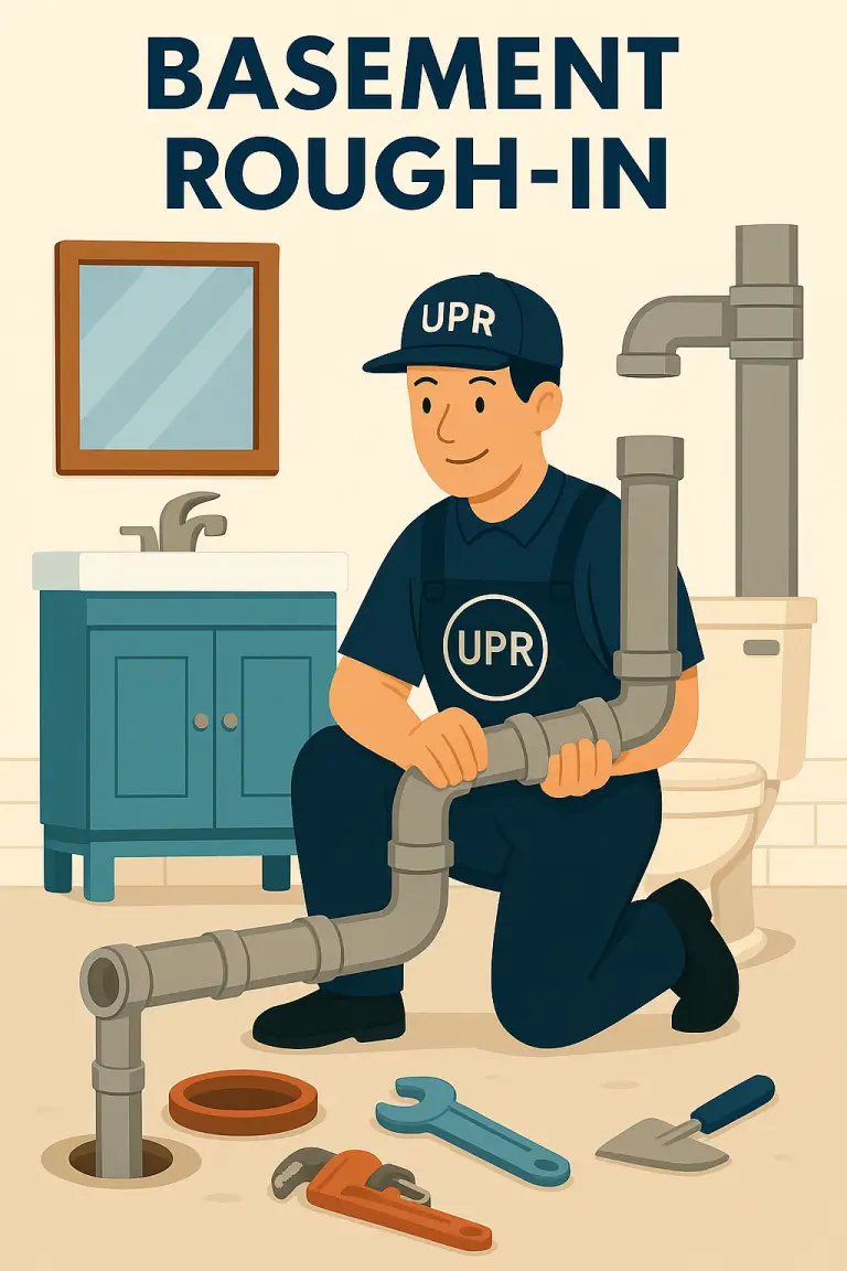 Plumber installing basement pipes next to bathroom fixtures.