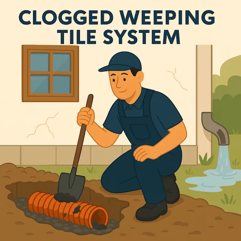 Plumber fixing clogged weeping tile system outdoors.