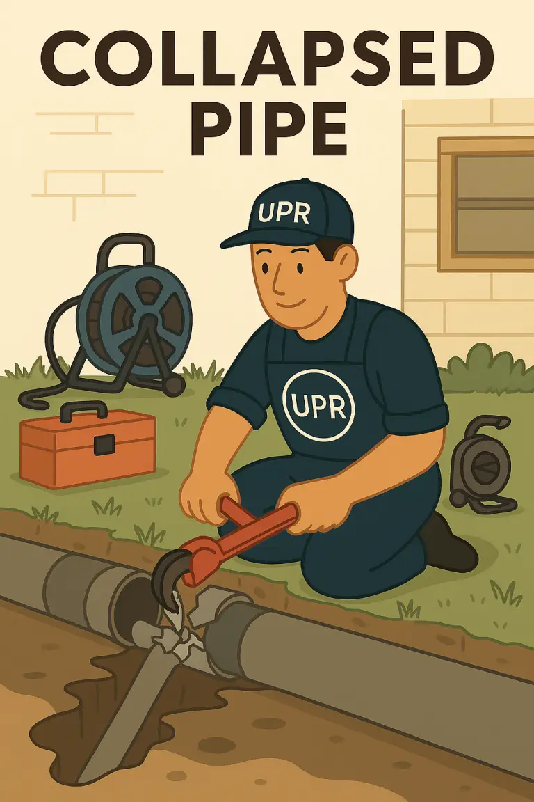 Plumber fixing collapsed underground pipe with wrench.