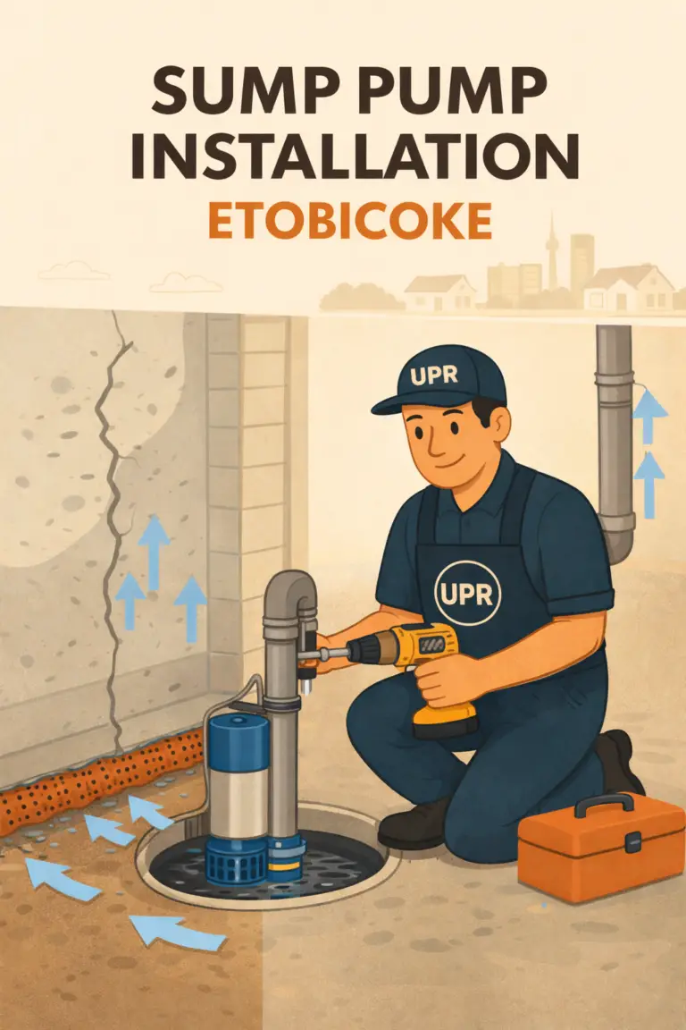 Technician installing sump pump in Etobicoke basement